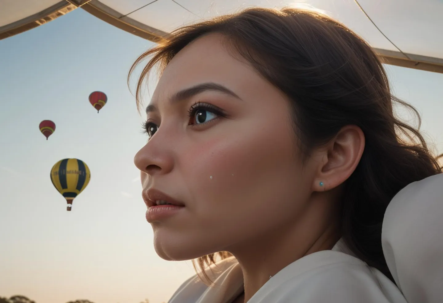 Close-up of a woman watching multiple hot air balloons in the sky, AI generated image using Stable Diffusion.