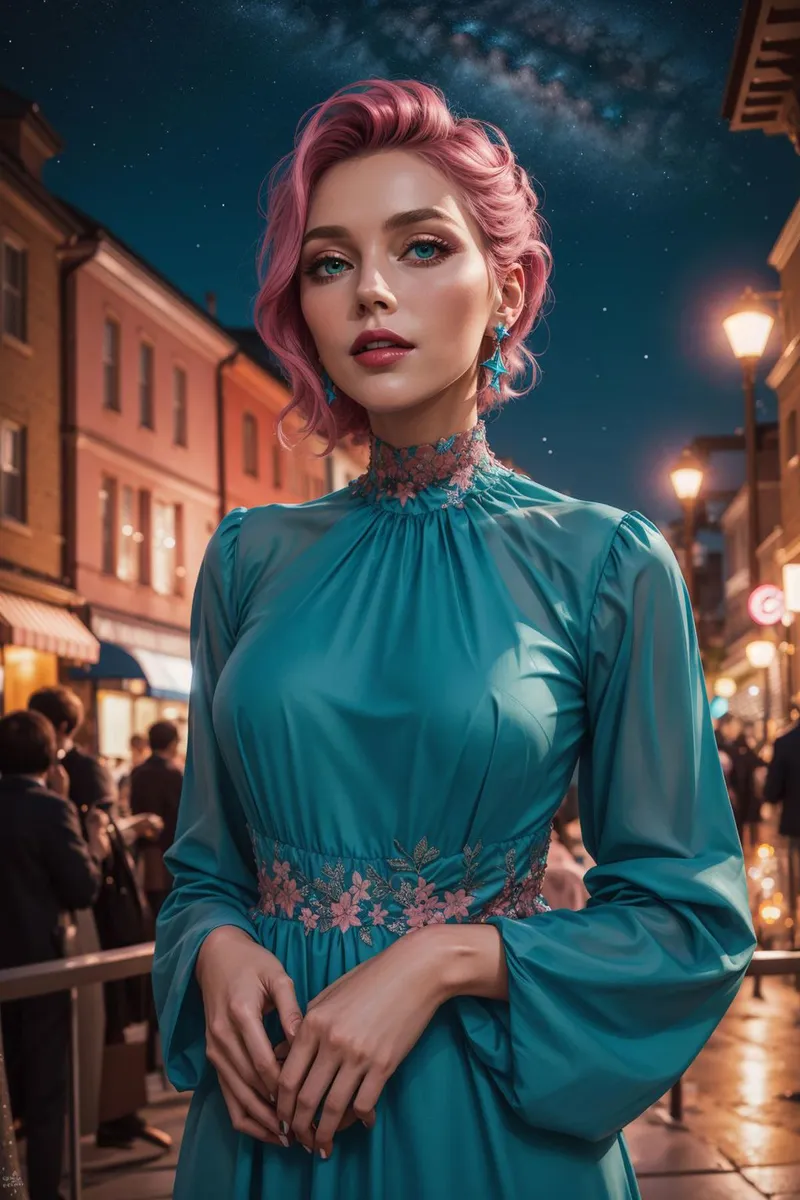 AI generated image of a woman with pink hair in a blue dress adorned with pink flowers, standing on a bustling street at night created using Stable Diffusion