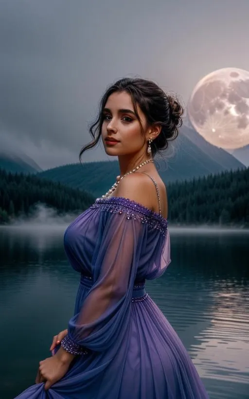 A woman in a purple evening gown standing by a serene lake under the moonlight. AI generated image using Stable Diffusion.