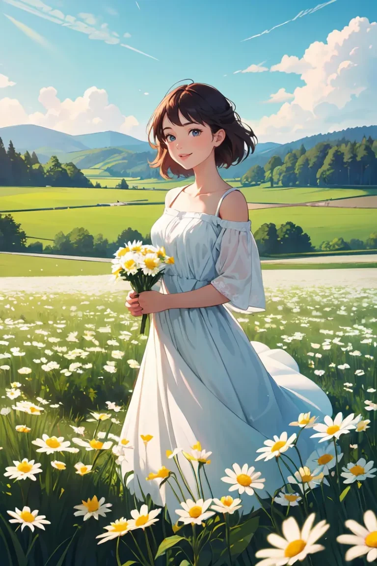 AI generated anime style image of a woman in a light dress holding daisies in a vibrant spring flower field, with gentle hills and a blue sky in the background.