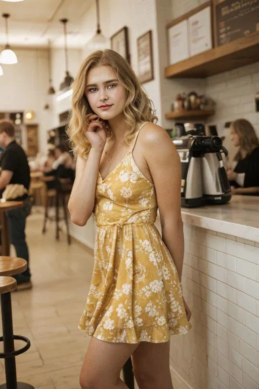 Casually dressed woman with blonde hair in a yellow floral dress standing in a modern cafe. AI generated image using stable diffusion.