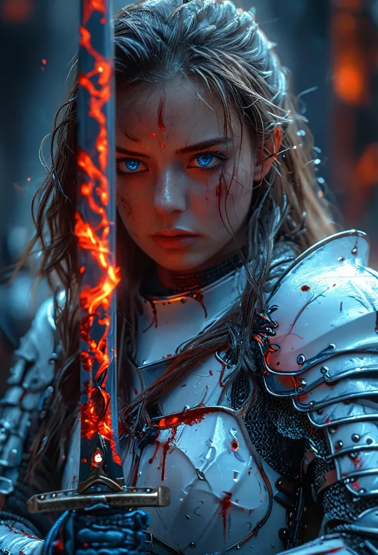 A close-up of a woman knight with blue eyes holding a fiery sword, wearing detailed armor stained with blood. AI generated image using Stable Diffusion.