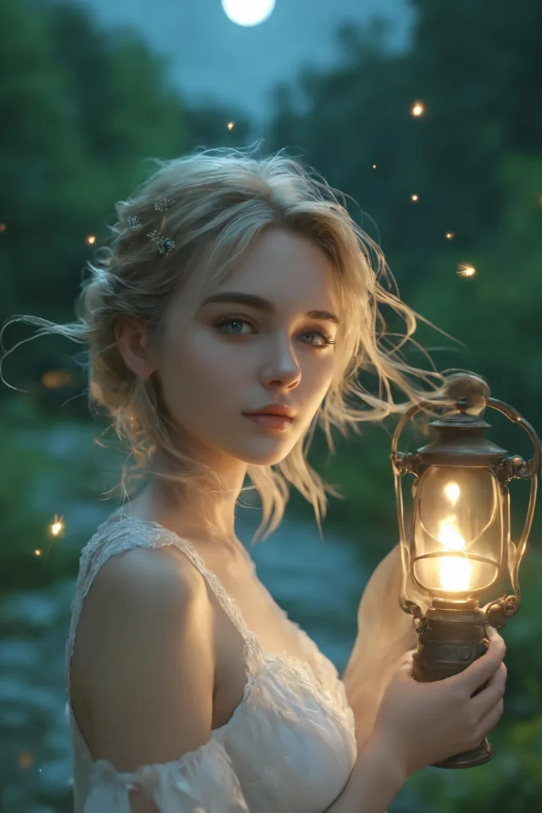 An ethereal scene created by AI using Stable Diffusion, depicting a beautiful blonde woman in a white lacy dress holding an antique lantern that emits a warm glow. She stands in a serene moonlit forest setting.