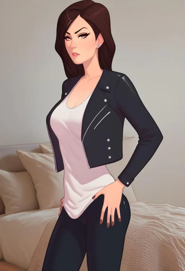 Stylish AI-generated illustration of a woman with long dark hair, wearing a black leather jacket and white tank top, standing with one hand on her hip.