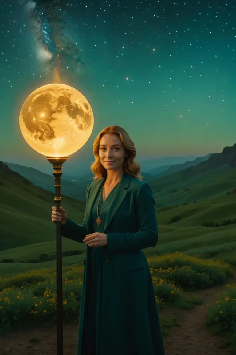 A woman holding a lamp shaped like the moon against a starry night landscape. This is an AI generated image using Stable Diffusion.