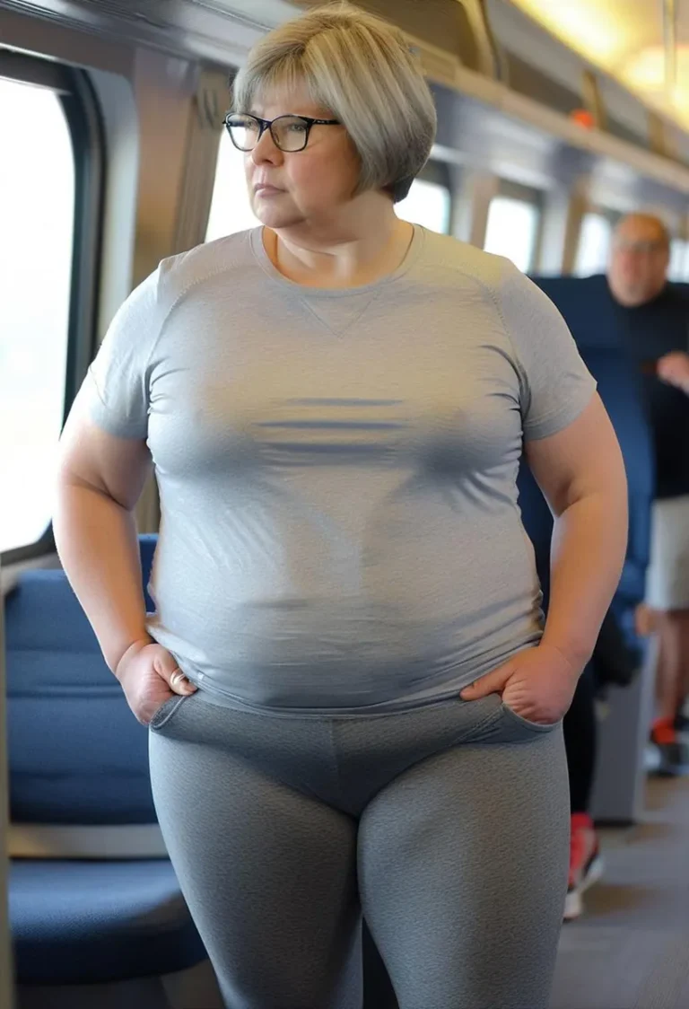 A woman wearing a gray t-shirt and leggings standing inside a well-lit train, created using stable diffusion AI.