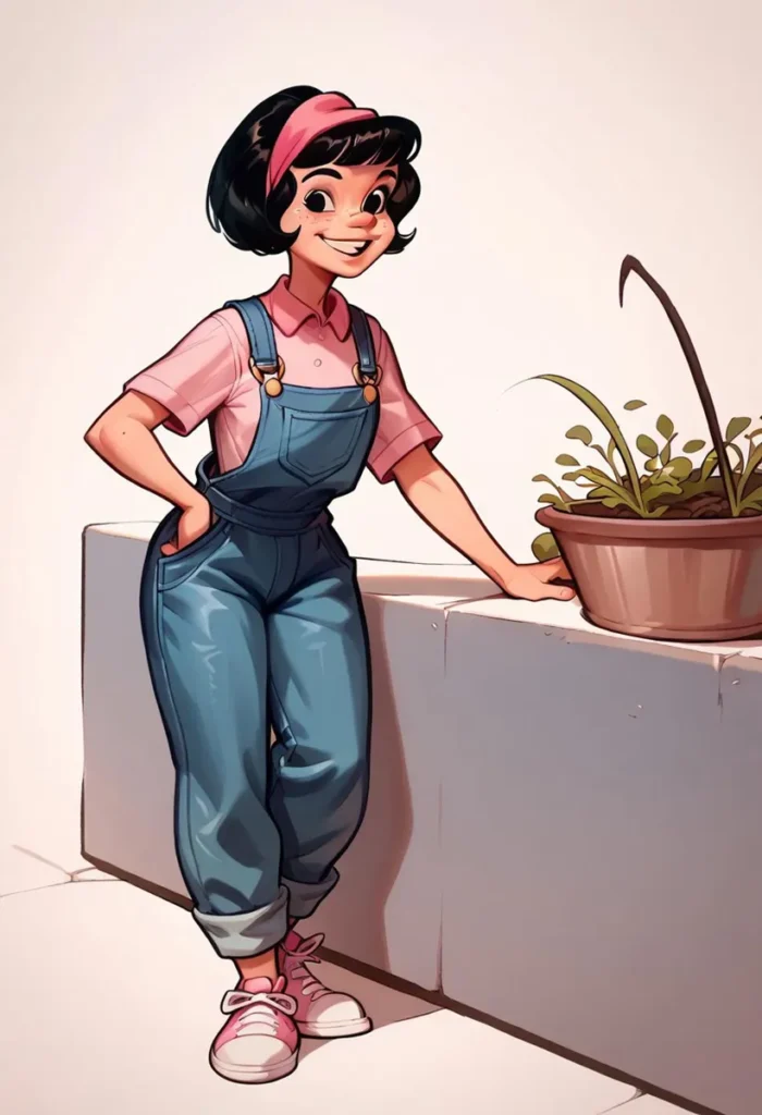 AI generated image of an animated woman with short black hair, wearing a pink shirt and blue overalls with a pink headband and shoes, standing next to a potted plant created using Stable Diffusion