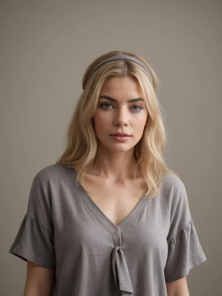 A beautiful woman with blonde hair, wearing a gray blouse, set against a neutral background. This is an AI generated image using Stable Diffusion.