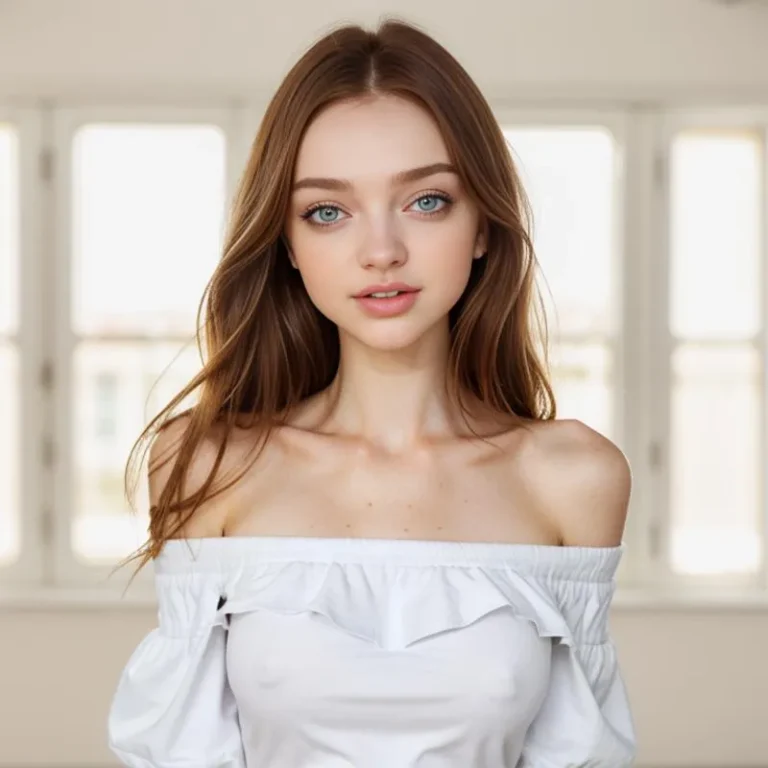 A portrait of a young woman with long brown hair, wearing an off-shoulder white top, gazing directly at the camera, with soft natural lighting highlighting her features. This is an AI generated image using Stable Diffusion.