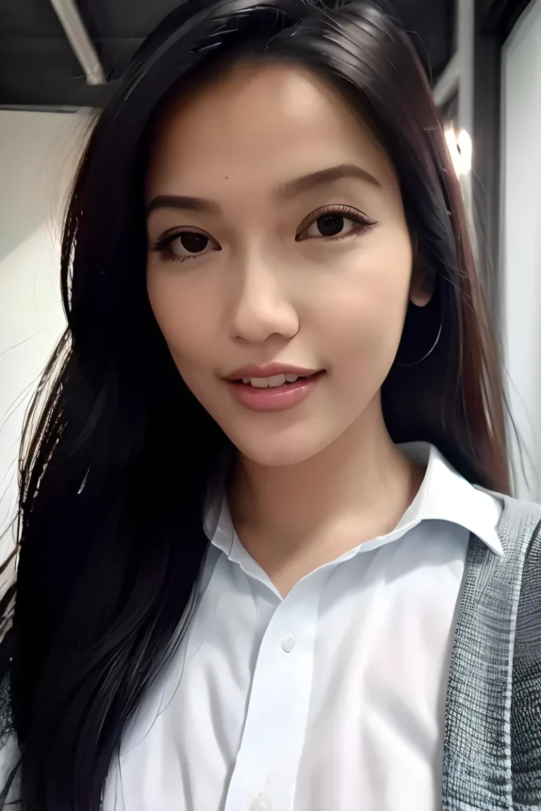 Realistic portrait of a young woman with long black hair, wearing a white shirt and gray cardigan, AI generated using Stable Diffusion.