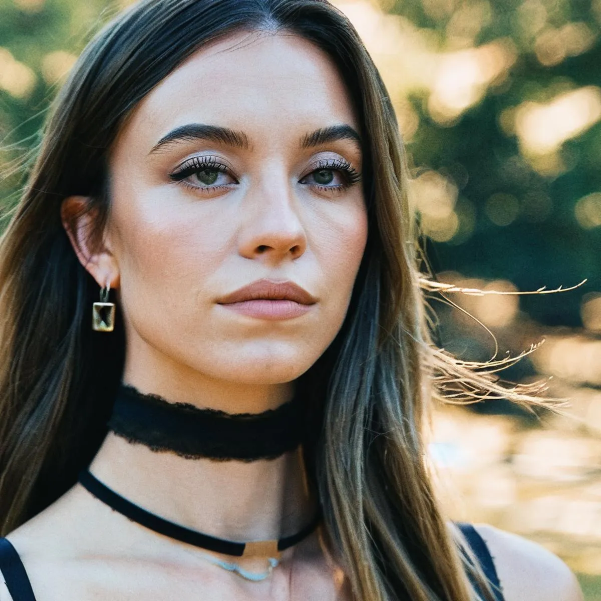 AI generated image of a young woman with long hair wearing a black choker and earrings, outdoors with a blurred background. The image is created using Stable Diffusion.