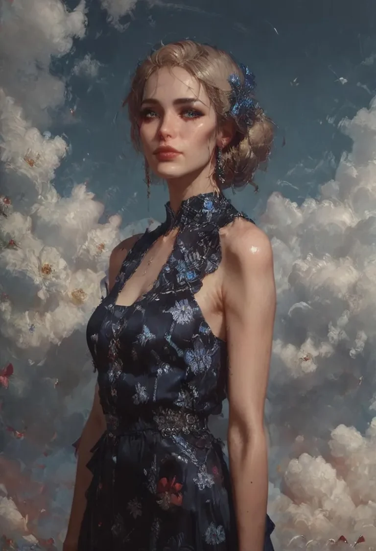Victorian style woman portrait wearing a floral dress against a cloudy sky, created using Stable Diffusion.