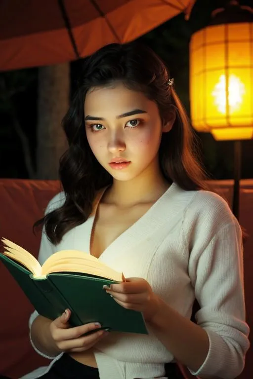 Young woman reading a book at night under soft lighting. AI generated image using stable diffusion.