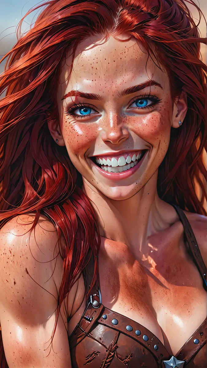 AI generated image of a woman with red hair, bright blue eyes, and freckles, smiling radiantly. This image was created using Stable Diffusion.