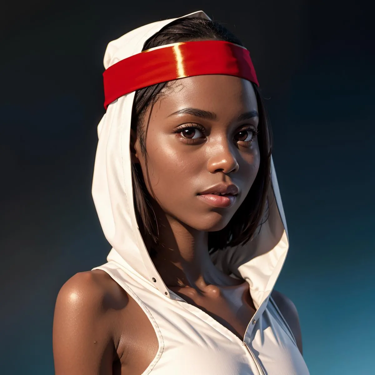 AI generated image of a young woman with a red headband, wearing a sleeveless white hooded top, created using stable diffusion.