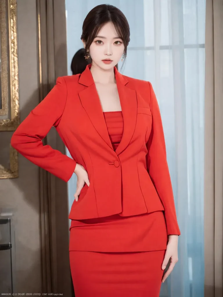 An elegant woman in a red suit generated using Stable Diffusion AI