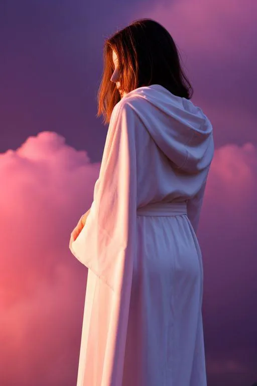 A woman wearing a white robe, looking away, with a dreamy pink and purple sunset sky background, AI generated using stable diffusion.