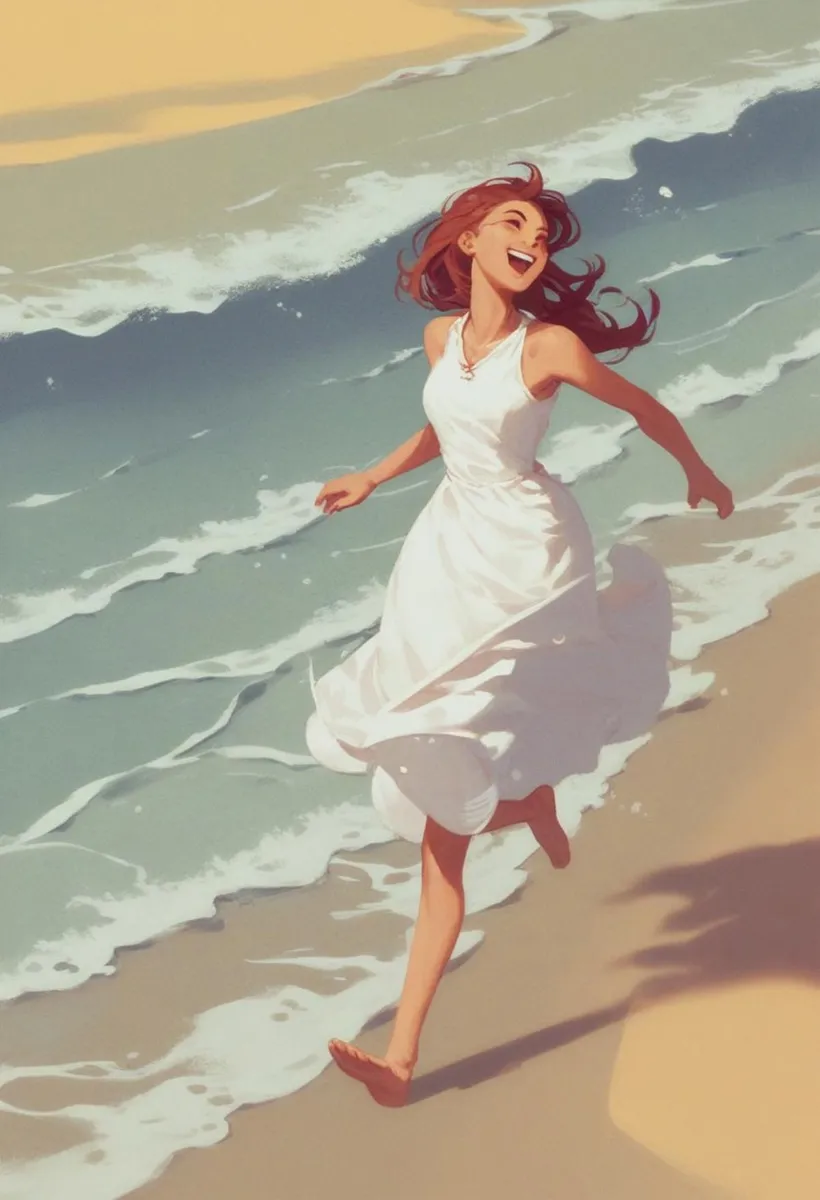 Happy woman in a white dress running along the shore with waves crashing. This is an AI generated image using Stable Diffusion.