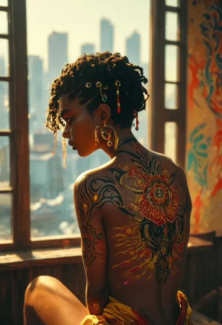 A woman with intricate tattoos on her back sits by a window with city buildings in the background, emphasizing bohemian style. This is an AI-generated image using Stable Diffusion.