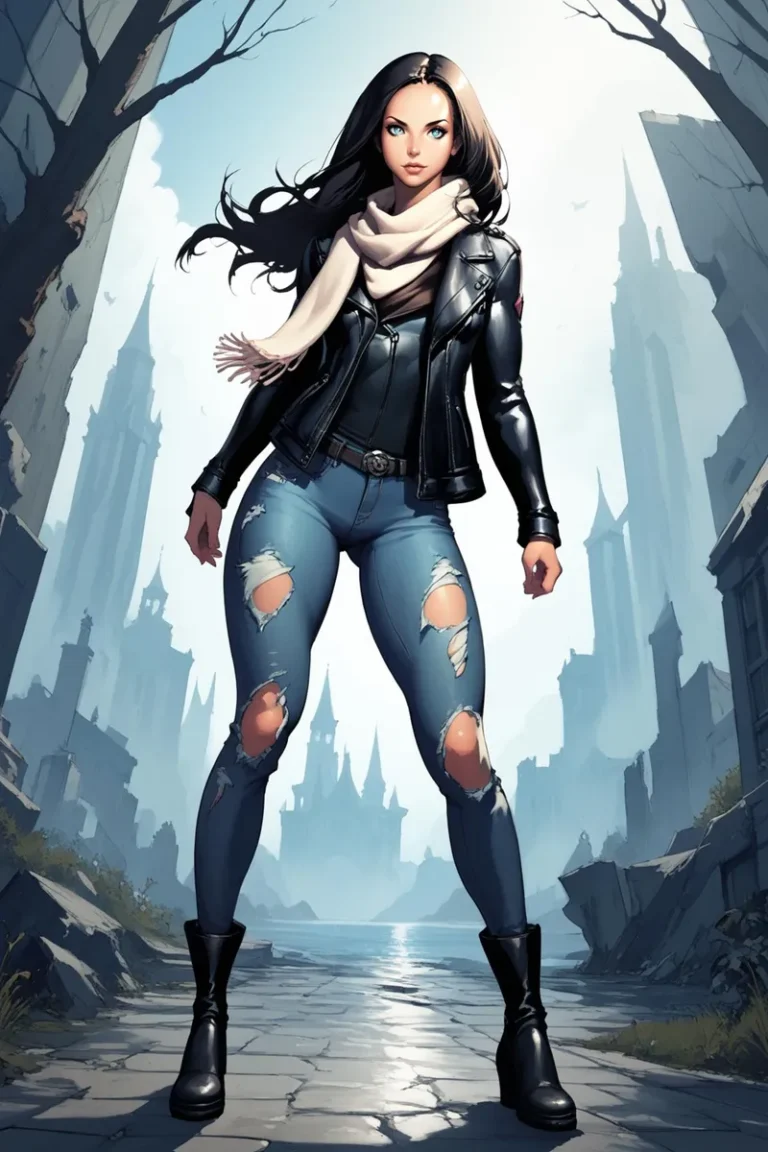 Comic-style image of a determined woman with long dark hair, wearing a leather jacket, scarf, ripped jeans, and boots, standing on a cobblestone path with a moody background, generated using Stable Diffusion.