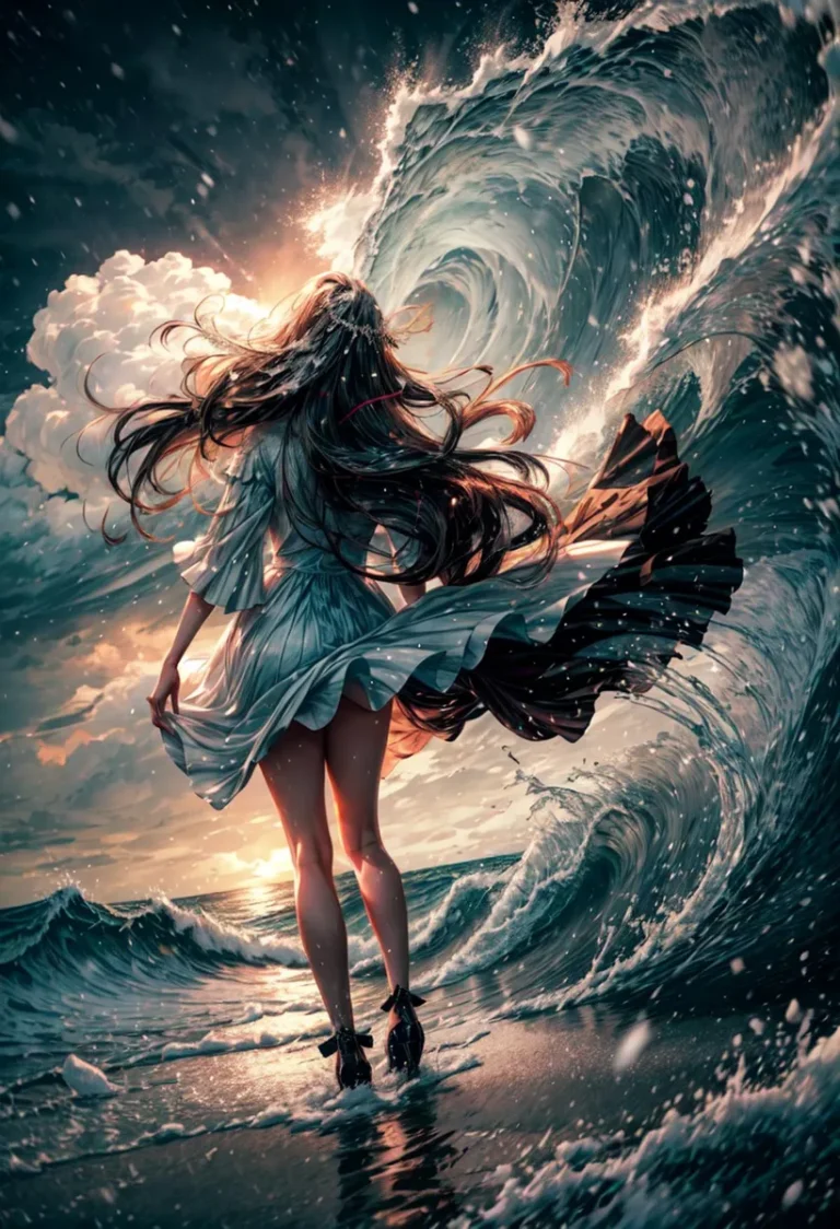 A woman in a flowing dress standing on the shore with massive waves looming in the background, created using Stable Diffusion AI.