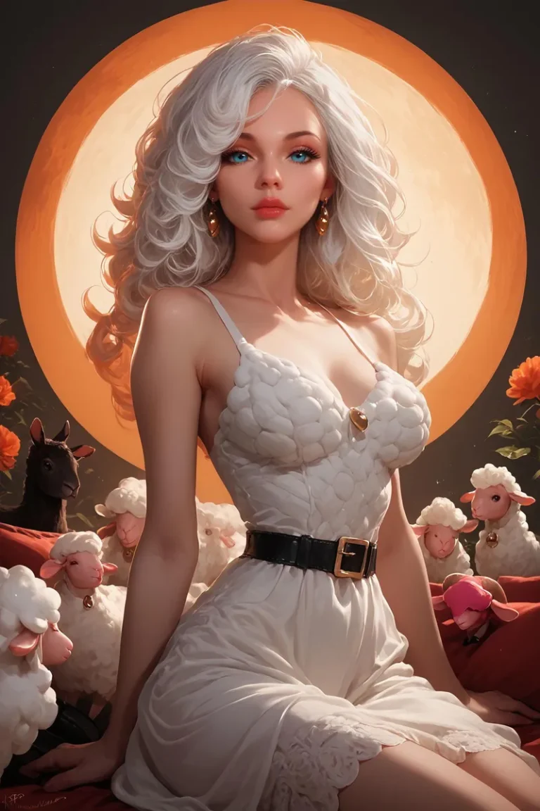 AI generated image using Stable Diffusion of a woman with long white hair wearing a white dress, sitting among sheep with a large full moon in the background.