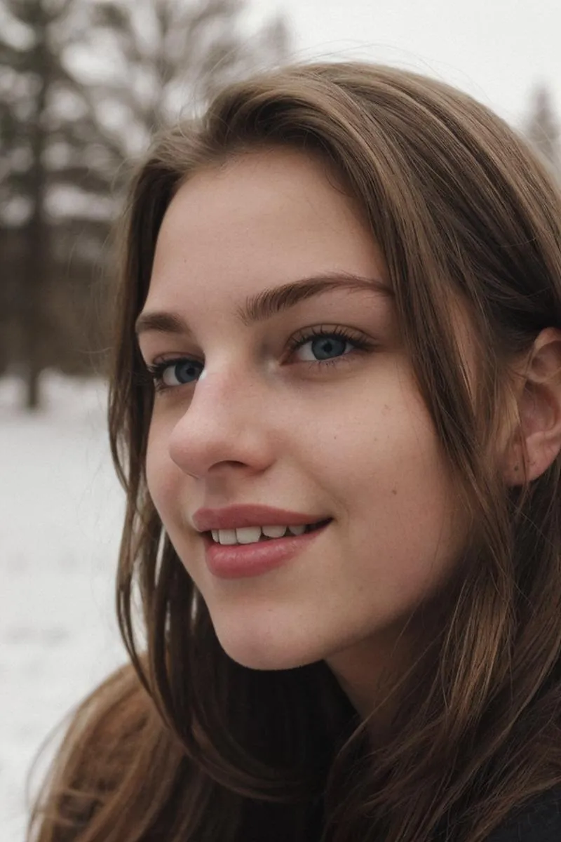 A smiling young woman with brown hair, in a winter landscape. AI generated image using Stable Diffusion.