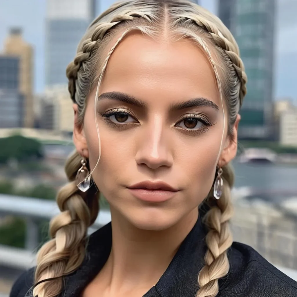 Young woman with braided hairstyle and crystal earrings in an urban setting, AI generated image using Stable Diffusion