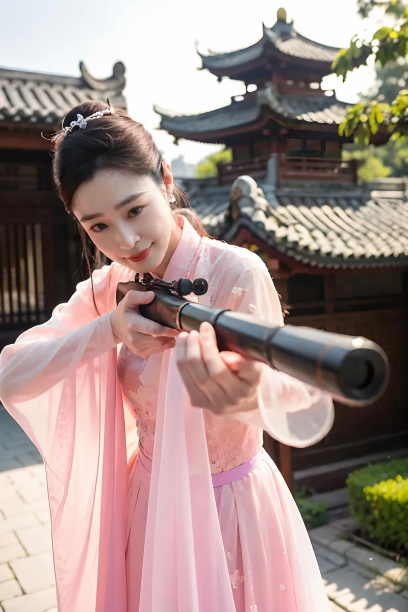 A woman dressed in traditional attire holding a vintage gun, set against a historical architectural backdrop, AI generated image using Stable Diffusion.
