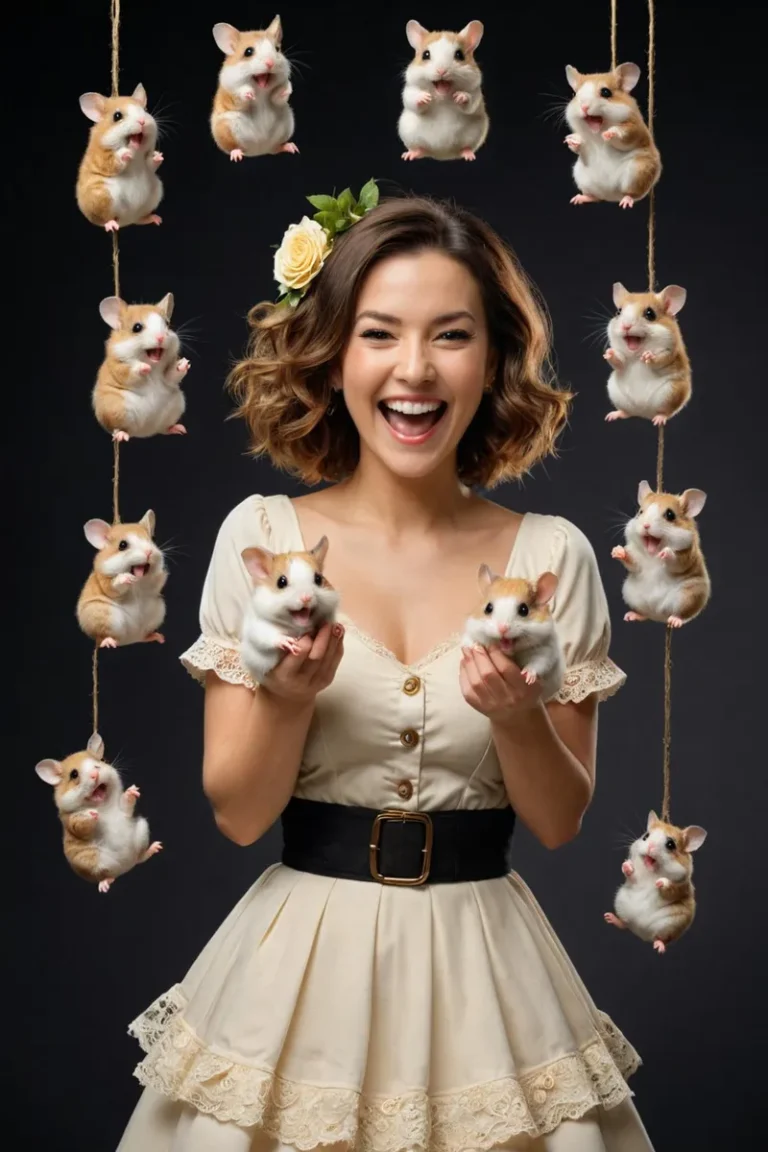 A woman with short curly hair and a floral accessory smiles while holding two hamsters. AI generated image using stable diffusion.