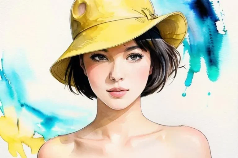 A vibrant watercolor style portrait of a woman with short black hair wearing a yellow hat, AI generated using stable diffusion.