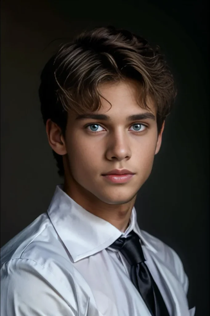 AI generated image of a young man with blue eyes and brown hair, wearing a white shirt and black tie, gazing intently at the camera using Stable Diffusion.