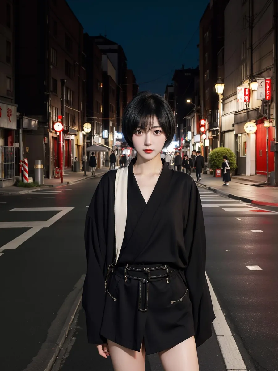 Young woman dressed in black standing on an urban night street, AI-generated using Stable Diffusion.