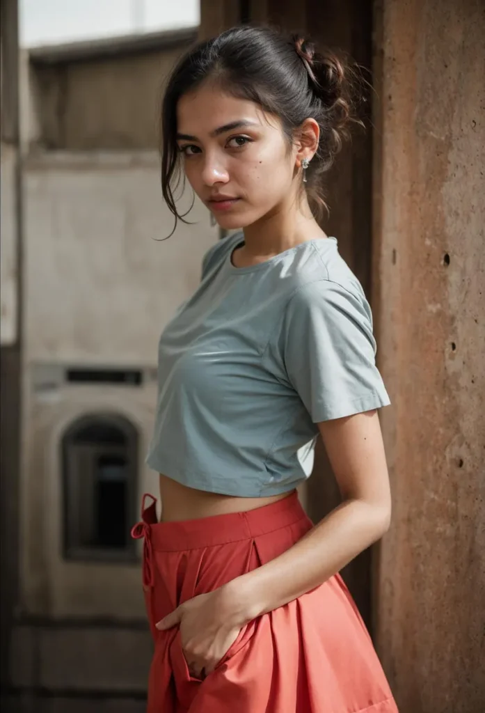 Portrait of a young woman with tied back hair, dressed in a light green crop top and red skirt, posing against an urban background. This is an AI generated image using Stable Diffusion.