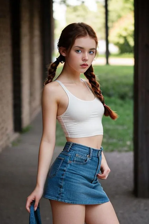 Young girl with braided hair wearing a white crop top and denim mini skirt in a casual setting, showcasing casual fashion. This is an AI generated image using Stable Diffusion.