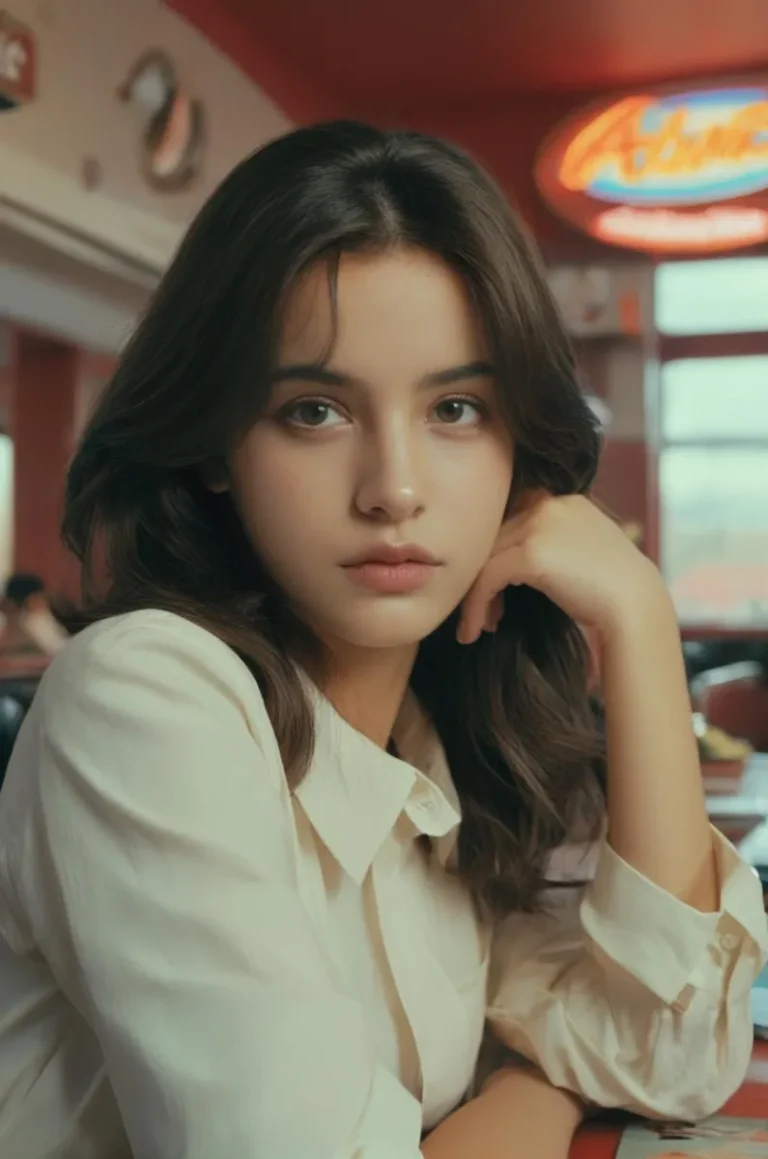 Portrait of a young woman in a diner with a calm expression, generated by AI using Stable Diffusion.