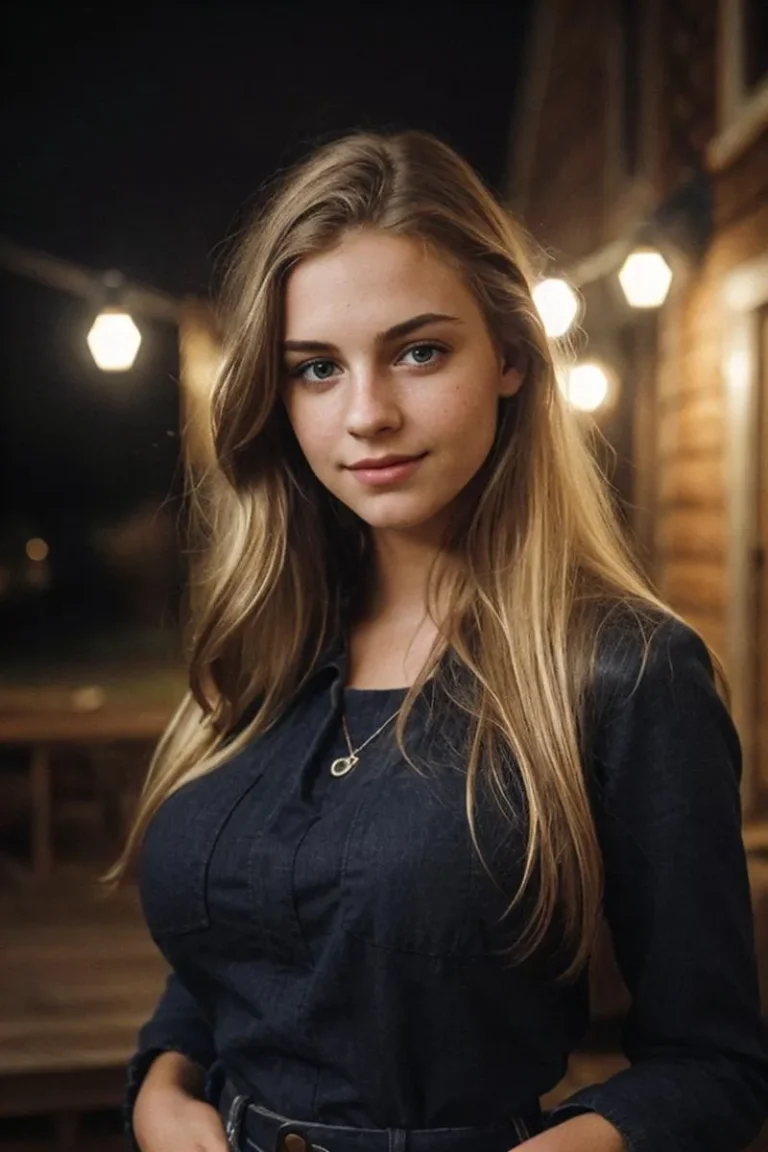 A portrait of a young woman with long blonde hair and blue eyes at night, illuminated by warm hanging lights in a wooden exterior setting. AI generated image using Stable Diffusion.