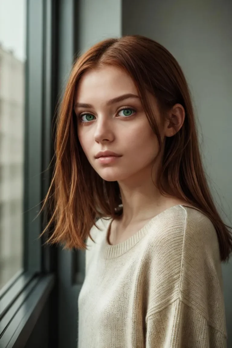 AI generated portrait of a young woman with straight reddish-brown hair, wearing a beige sweater and standing near a window, with natural light illuminating her face, created by Stable Diffusion.