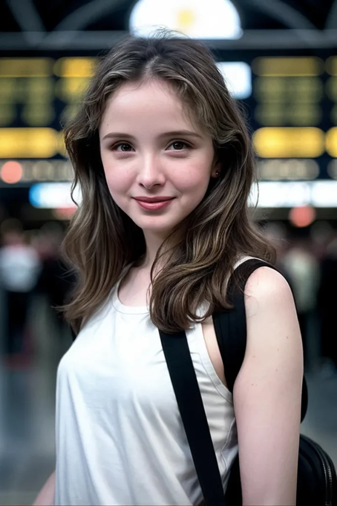 A casual portrait of a young woman with long hair, wearing a white tank top and carrying a black backpack against a blurred background resembling a busy airport or train station. This image is AI generated using Stable Diffusion.