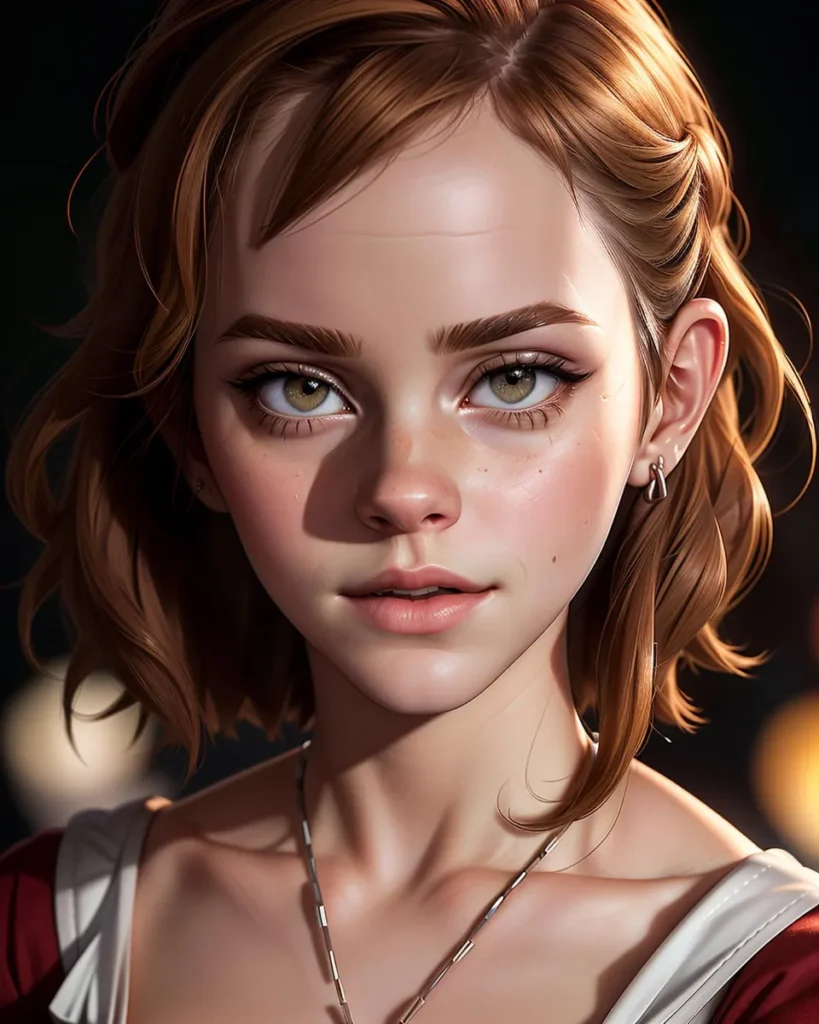 A beautiful and realistic digital portrait of a young woman with short light brown hair, created using AI and Stable Diffusion.