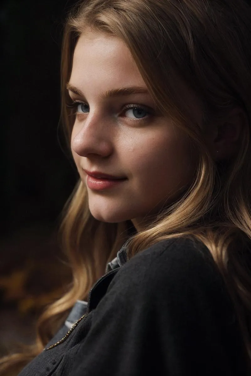 Close-up portrait of a young woman with light brown hair, light blue eyes, and a slight smile, wearing a dark jacket. This is an AI generated image using stable diffusion.