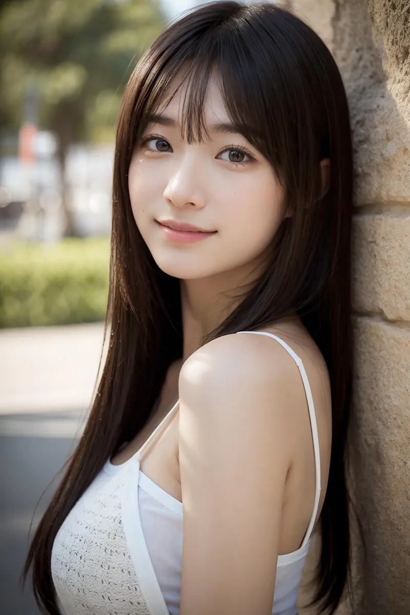 Portrait of a young woman with long dark hair, wearing a white top, standing outside, created using Stable Diffusion.