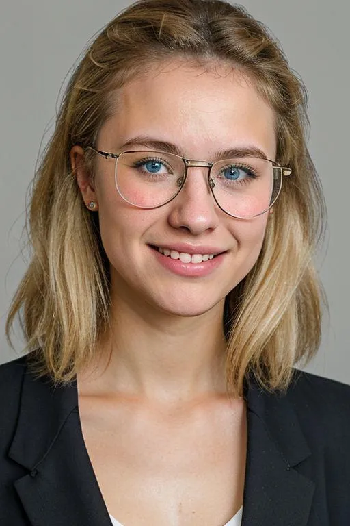A professional portrait of a young woman with short blonde hair, wearing glasses and a black blazer. Created with Stable Diffusion.