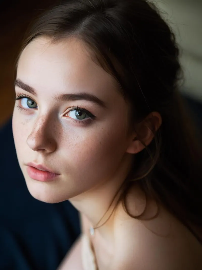 Close-up portrait of a young woman with green eyes, soft makeup, and a serene expression. AI generated image using Stable Diffusion.