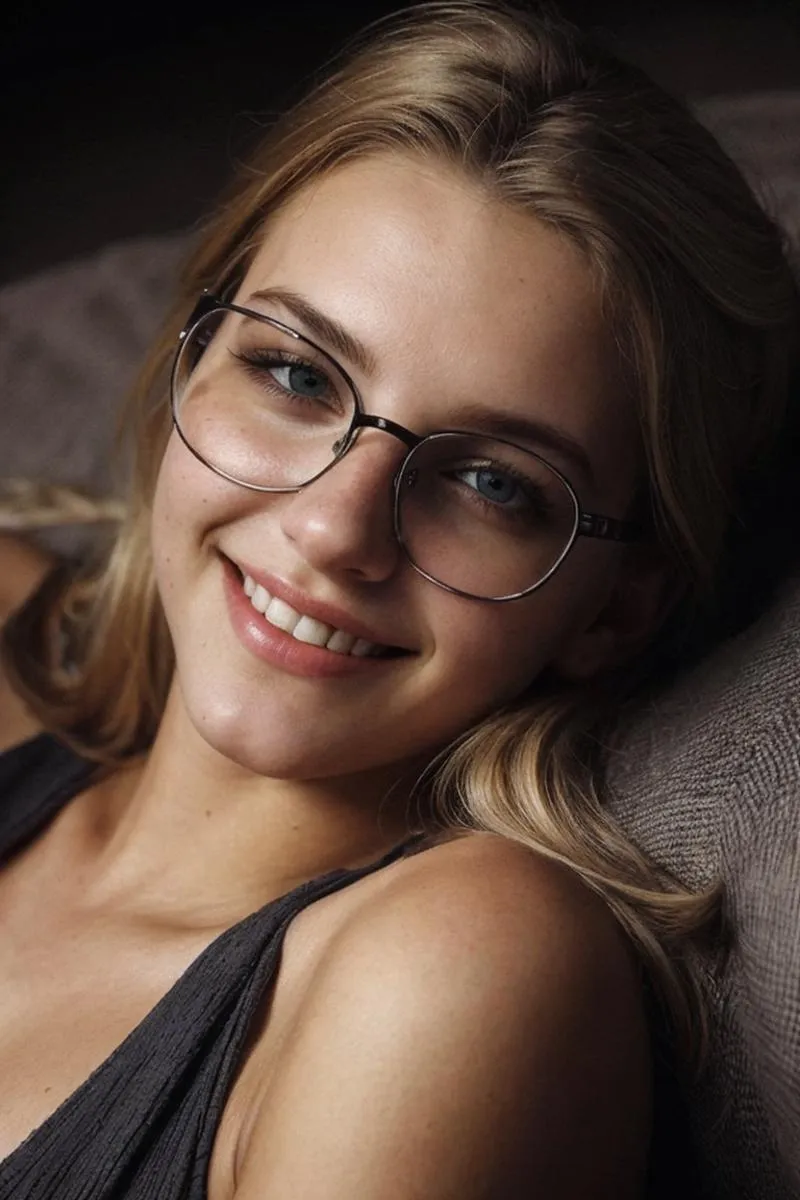 Young woman with blonde hair, wearing glasses, and smiling, AI generated image using Stable Diffusion.