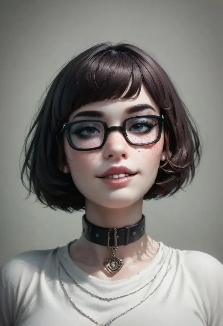 AI generated image of a young woman with brown shoulder-length hair, glasses, and a choker necklace created using Stable Diffusion.