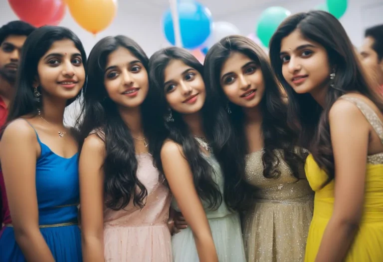 A group photo of young women in colorful dresses with balloons in the background, emphasizing that this is an AI generated image using Stable Diffusion.