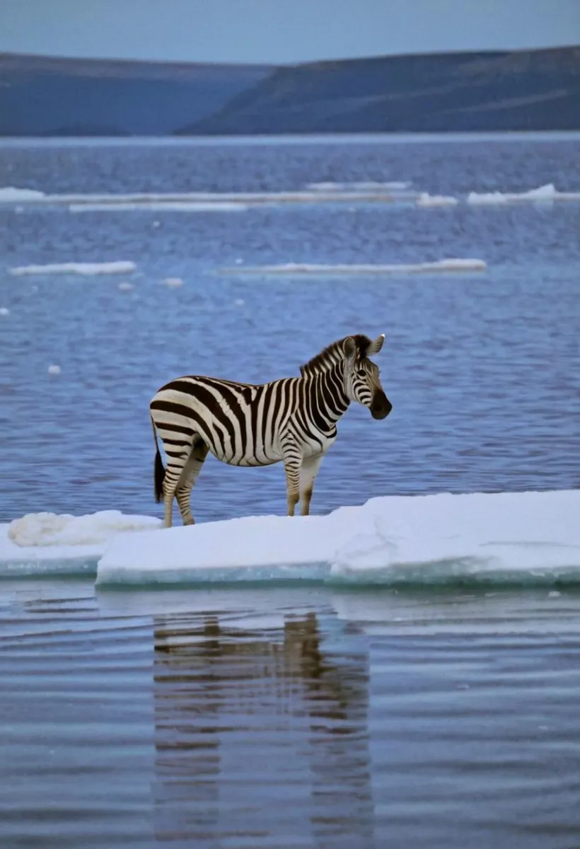 A zebra standing on an ice floe in a large body of water, surrounded by an arctic landscape. This is an AI generated image using Stable Diffusion.