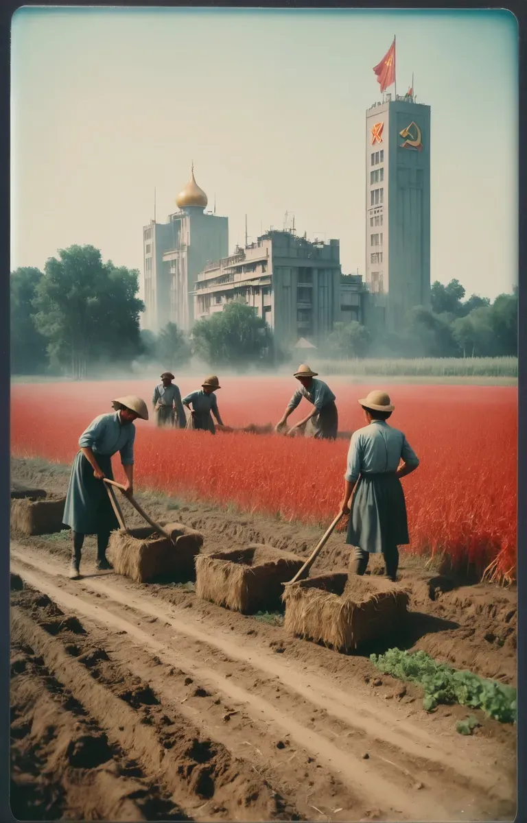 ソビエト建築を背景に農民が畑で働く1950年代スタイルの写真。