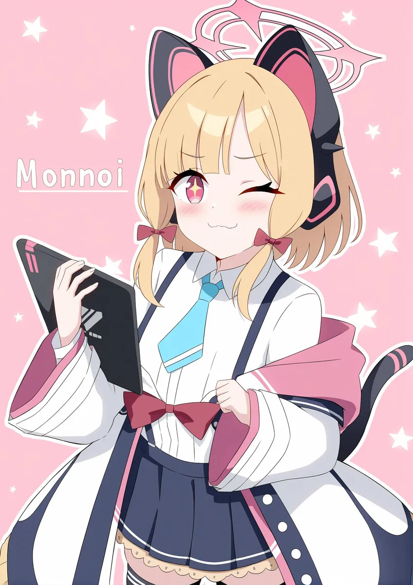 Anime girl with cat ear headphones and a tablet on a pink background.